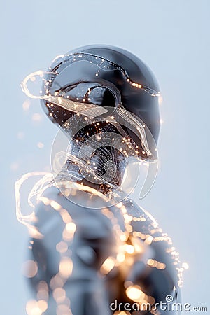 A humanoid robot silhouette glows in a white-to-gray gradient background. Abstract data streams and particles flow Stock Photo
