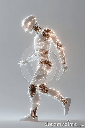 A humanoid robot silhouette radiates a soft glow as abstract data streams and particles flow around it. Set against a Stock Photo