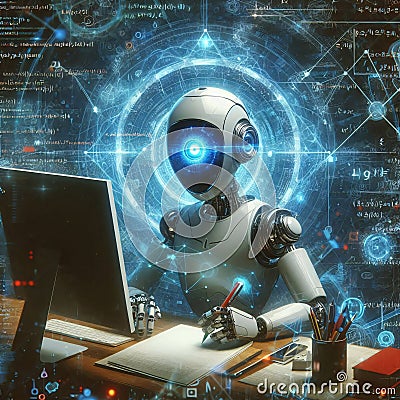 A humanoid robot sits at a desk, interacting with a computer, surrounded by a cosmic background filled with mathematical equations Stock Photo
