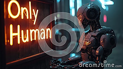 Humanoid robot stands in front of neon sign Only Human on cyberpunk city street, dark grungy alley.. Concept of dystopia, Stock Photo