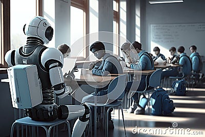 Humanoid robot studying with humans. Futuristic concept Stock Photo