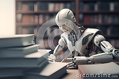 Humanoid robot studying in a library. Generative AI. Stock Photo