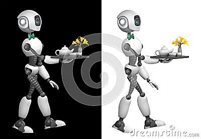A humanoid robot waiter carries a tray of food and drinks. Isolated on black and white background.Future concept with robotics and Stock Photo