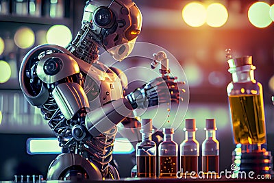 Humanoid robot working in research laboratory, conceptual ai illustration. Artificial intelligence, automation of science concept Cartoon Illustration