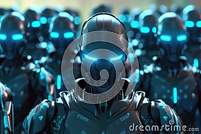 Humanoid robots army or group of cyborgs in factory. Generative AI Cartoon Illustration