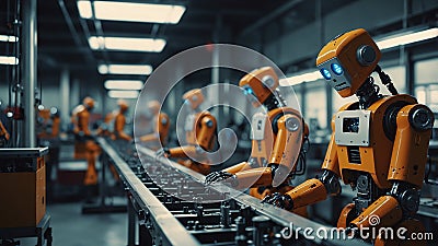 Humanoid Robots Working on Assembly Line in a High-Tech Industrial Automation Factory Stock Photo