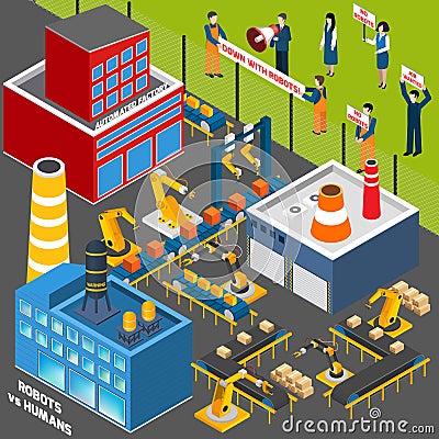 Humans Against Automation Industry Vector Illustration