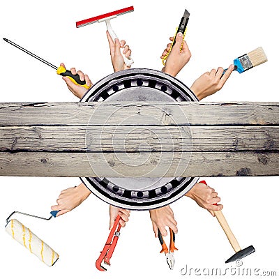 Humans hands holding tools on white background Stock Photo