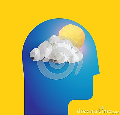 Humans head silhouette with sun and cloud. Good mood. Chill. Good day. Peaceful mind. Psychology themed Vector illustration Cartoon Illustration