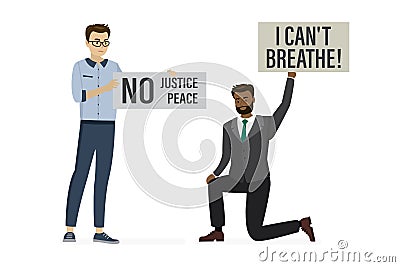 Humans holding posters. Protesters in USA, slogans- I can not breathe and no justice no peace. Protest against Police Brutality Vector Illustration