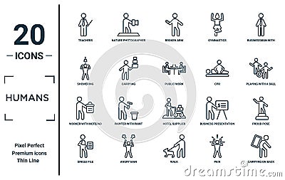 humans linear icon set. includes thin line teachers, showering, worker with notepad, single file, carrying on back, public work, Vector Illustration