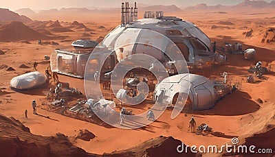 Humans and Robots Constructing a New Settlement on Mars with Advanced Machinery and Habitat Modules, Generative AI 3 Stock Photo