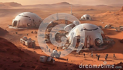 Humans and Robots Constructing a New Settlement on Mars with Advanced Machinery and Habitat Modules, Generative AI 4 Stock Photo
