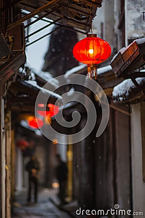 Humble Administrator`s Garden lane in snow, ancient suzhou, china Stock Photo