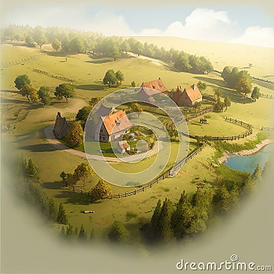 Humble small farmtown in rolling hill setting. Created using ai generative. Stock Photo