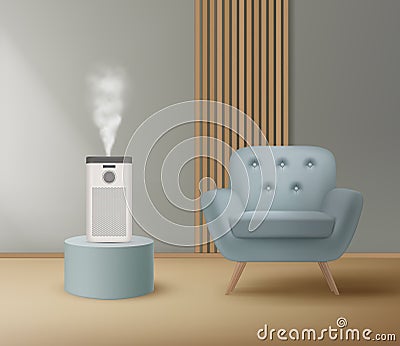 Humidifiers in living room. Modern interior background with purifiers humidifiers decent vector illustration Vector Illustration