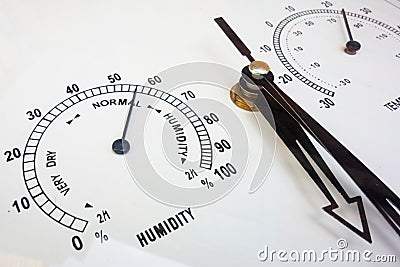 Humidity and temperature measurements. Needle instruments closeup. Weather conditions and meteorological parameters. Face of Stock Photo