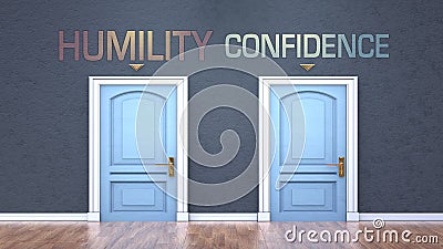 Humility and confidence as a choice - pictured as words Humility, confidence on doors to show that Humility and confidence are Cartoon Illustration