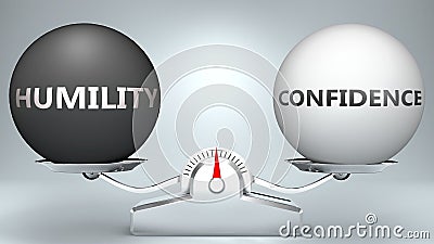 Humility and confidence in balance - pictured as a scale and words Humility, confidence - to symbolize desired harmony between Cartoon Illustration