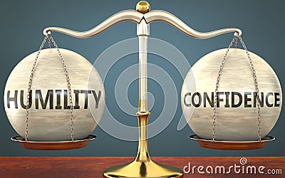 Humility and confidence staying in balance - pictured as a metal scale with weights and labels humility and confidence to Cartoon Illustration