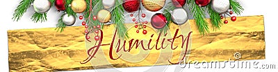Humility and white Christmas card with light background, golden present packaging paper, Christmas ornaments and fancy and elegant Cartoon Illustration