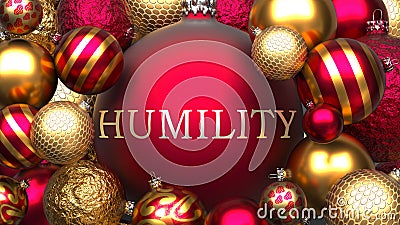 Humility and Xmas, pictured as red and golden, luxury Christmas ornament balls with word Humility to show the relation and Cartoon Illustration