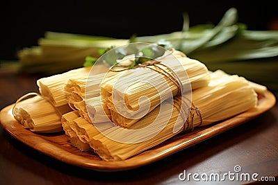 Humitas: Steamed Fresh Corn Delicacy Wrapped in Corn Husks Stock Photo