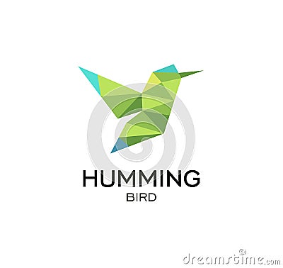 Hummig bird geometrical sign, calibri abstract polygonal vector logo template. Origami green color low poly wild animal Vector Illustration