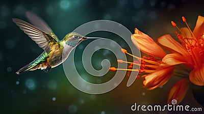 Hummingbird with bloom in forest. Colibri flying in the nature tropical flower. Ai Generative Stock Photo