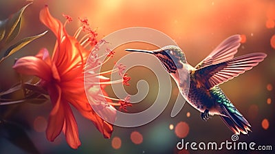 Hummingbird with bloom in forest. Colibri flying in the nature tropical flower. Ai Generative Stock Photo