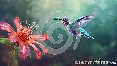 Hummingbird with bloom in forest. Colibri flying in the nature tropical flower. Ai Generative Stock Photo