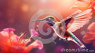 Hummingbird with bloom in forest. Colibri flying in the nature tropical flower. Ai Generative Stock Photo