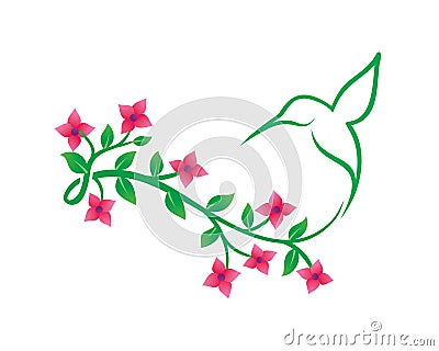 Hummingbird or Colibri Flying Over The Flowers Vector Illustration