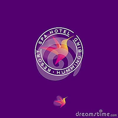 Hummingbird color transparent logo. Spa and resort emblem. A flying colibri bird and letters. Vector Illustration