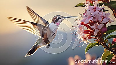 Hummingbird Feeding on Pink Flowers at Sunset Stock Photo