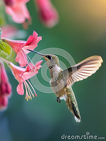Hummingbird feeding on vibrant pink flower Stock Photo