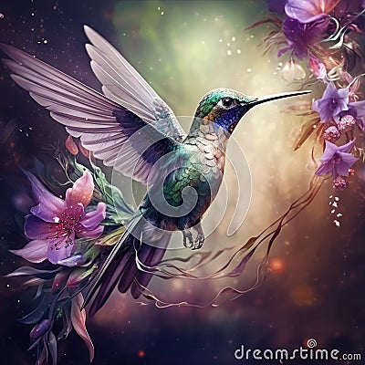Ai Generated illustration Wildlife Concept of Hummingbird flight. Green Violet-ear flock shine birds Cartoon Illustration