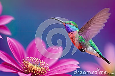Hummingbird flying near the flower, blurry background, generative ai Stock Photo
