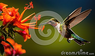 Hummingbird Flying Near Flower Stock Photo
