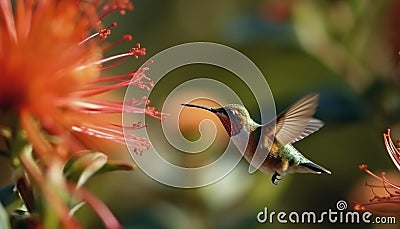 Hummingbird hovering, multi colored beak, feather, flower, outdoors generated by AI Stock Photo