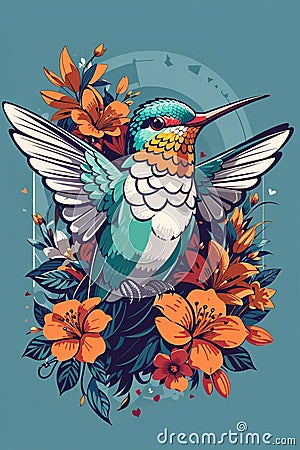 hummingbird illustration with beautiful colorful flower illustrations Cartoon Illustration