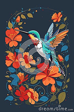 hummingbird illustration with beautiful colorful flower illustrations Cartoon Illustration