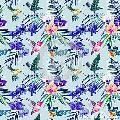 Hummingbird and orchid flower, seamless pattern tropical leaves, watercolor illustration, jungle design Cartoon Illustration