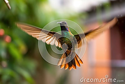 hummingbird practicing flying skills, hovering and darting around the yard Stock Photo