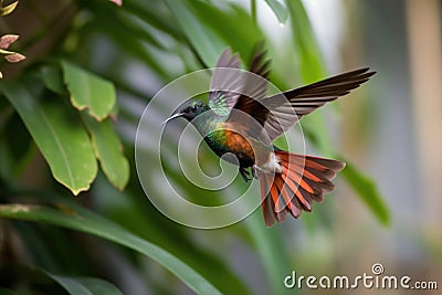 hummingbird practicing flying skills, hovering and darting around the yard Stock Photo