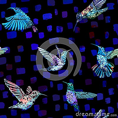 Hummingbird seamless pattern. Hand drawn tropical exotic background. Vector Illustration