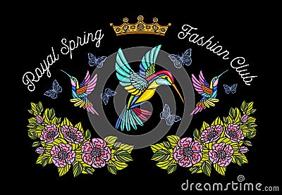 Hummingbirds butterflies crown flowers embroidery patch. Humming Cartoon Illustration