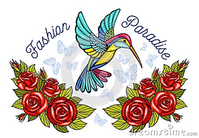 Hummingbirds butterflies crown roses embroidery patch fashion pa Cartoon Illustration