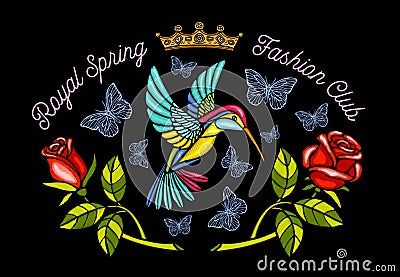 Hummingbirds butterflies crown roses embroidery patch Royal spring fashion club. Cartoon Illustration