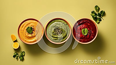 Hummus background with copy space. Chickpea, avocado and beet hummus in bowls on colored background. Mediterranean snack, Stock Photo